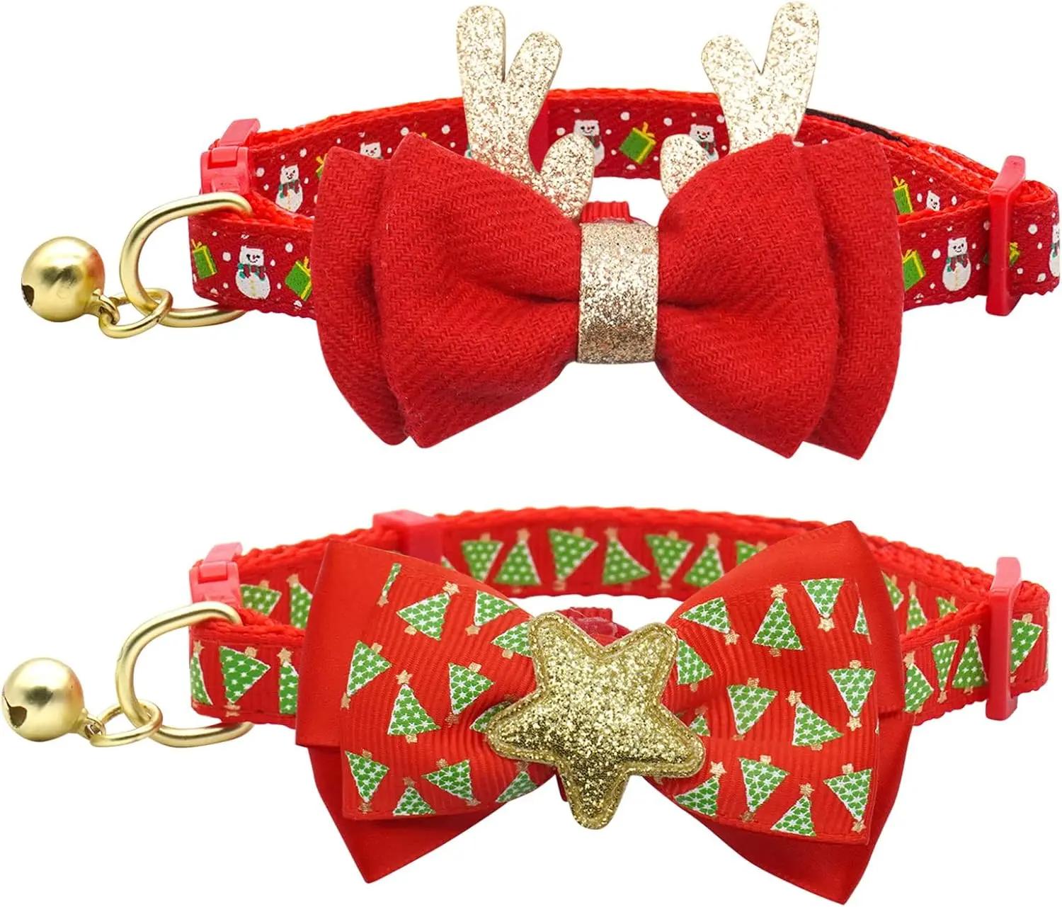 Azuza 2 Pack Christmas Cat Collar with Bells Christmas Cat Bowtie with Christmas Tree and Santa Claus Pattern Xmas Breakaway Cat Collar Size Adjustable from 8"-12" azuza