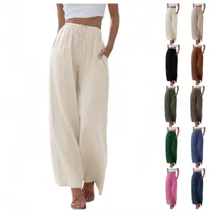 Naeduo Women's Cotton Linen Wide Leg Pants High Waist Drawstring Breathable Summer Casual Trousers, Flowy Beach Pants with Pockets, Minimalist Neutral Style