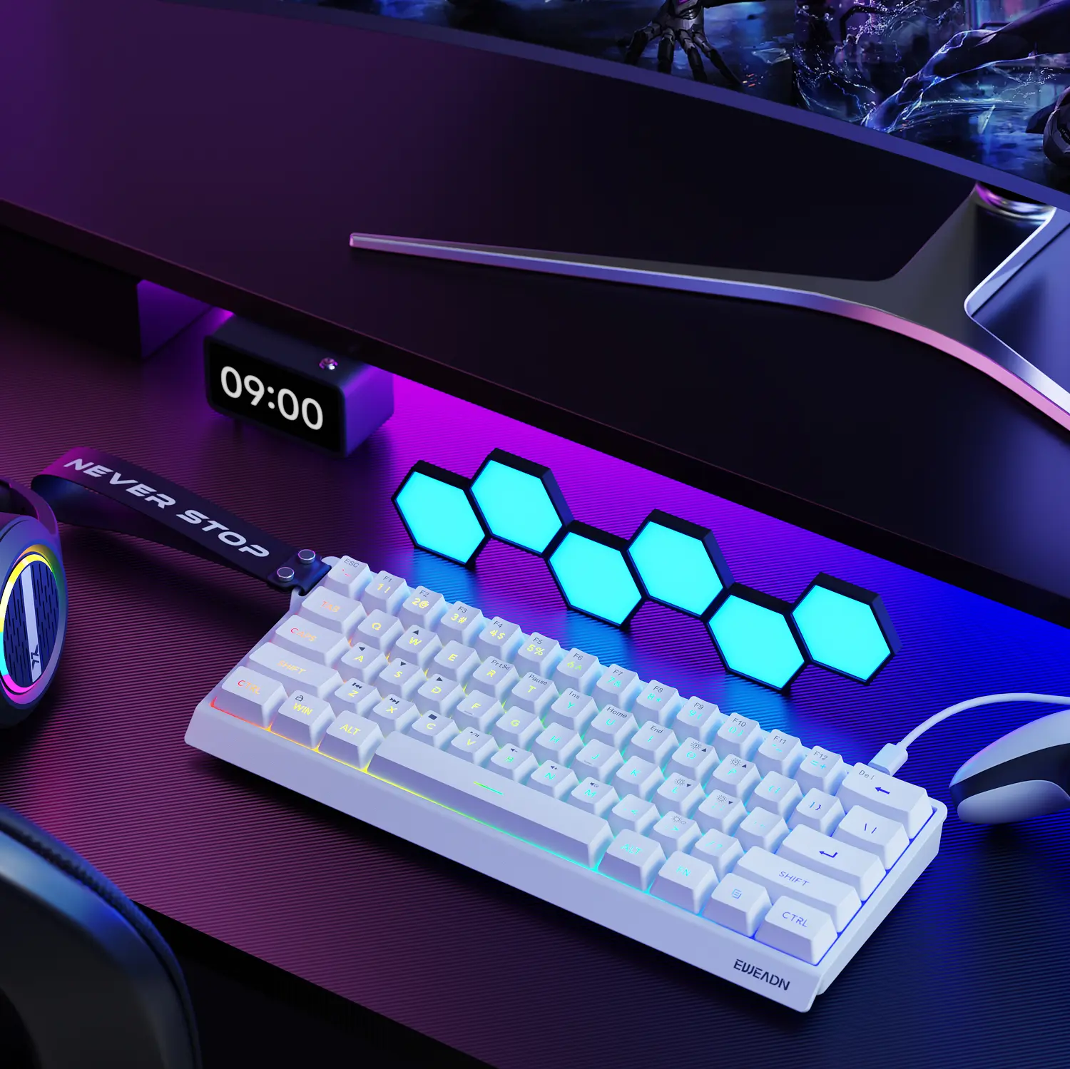 EWEADN F61 Gaming Keyboard Wired, RGB Backlit Membrane Gaming Keyboard with PBT Keycaps, Compact Design, Lanyard Wired Keyboard for Mac/Win