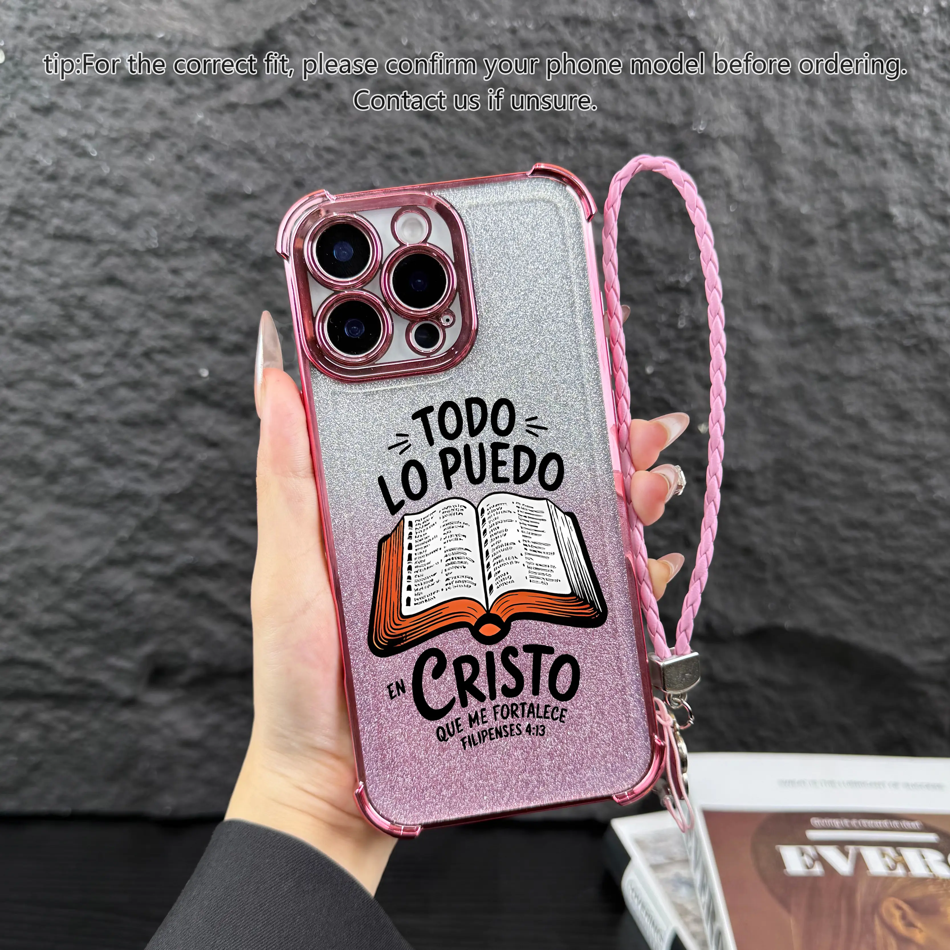 Pink+Glitter paper+Four-leaf clover lanyard