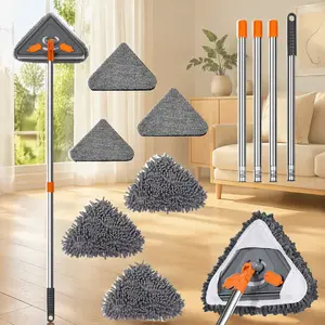 Triangle Wall & Ceiling Cleaning Mop with Long Handle - 360° Rotatable Corner Cleaner, 3 Chenille Pads, 3 Microfiber Pads