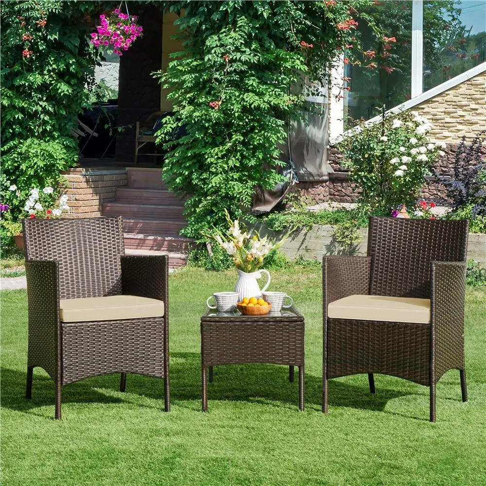 【Crazy Price】Yaheetech 3-Piece Patio Furniture Set, Outdoor Rattan Conversation Furniture Set, 2 Chairs with Cushions & 1 Side Table for Bistro/Porch/Garden/Deck/Courtyard
