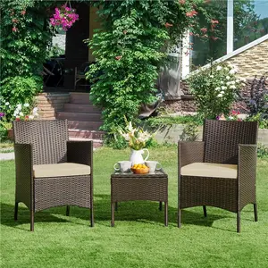 Yaheetech 3-Piece Patio Furniture Set, Outdoor Rattan Conversation Furniture Set, 2 Chairs with Cushions & 1 Side Table for Bistro/Porch/Garden/Deck/Courtyard
