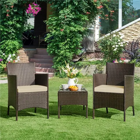 【Crazy Price】Yaheetech 3-Piece Patio Furniture Set, Outdoor Rattan Conversation Furniture Set, 2 Chairs with Cushions & 1 Side Table for Bistro/Porch/Garden/Deck/Courtyard