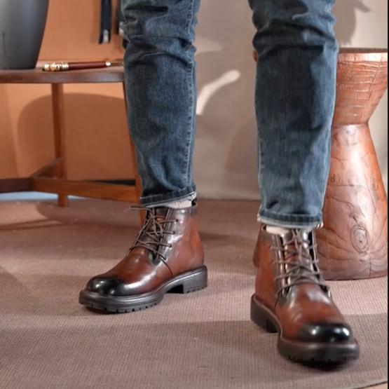 DESAI Leather Ankle Boots Calfskin Men's Classic Soft Handmade lace-up Dress Boot for Motorbike Hiking Walking Footwear Closed Round Toe Winter Fur Shoe Botas Para Hombres DS6319H