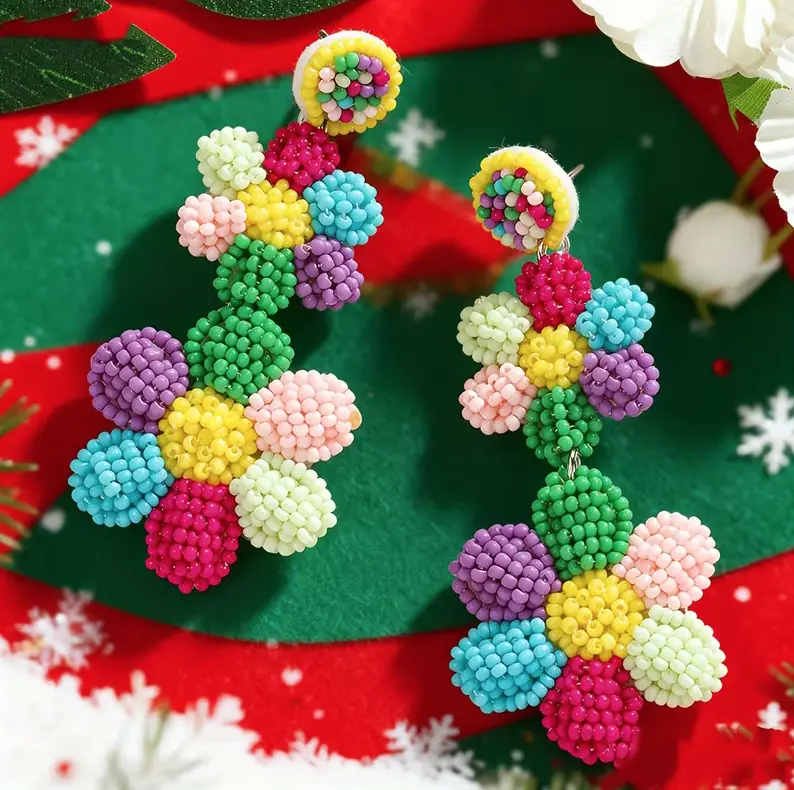 Colorful Bohemian Style Handmade Rice Bead Flower Pendant Earrings - Charm Decoration, Colorful Charm, Embellished Flower, Bead Detail Designs, Charm Decoration Earrings, Colorful Charm Earrings