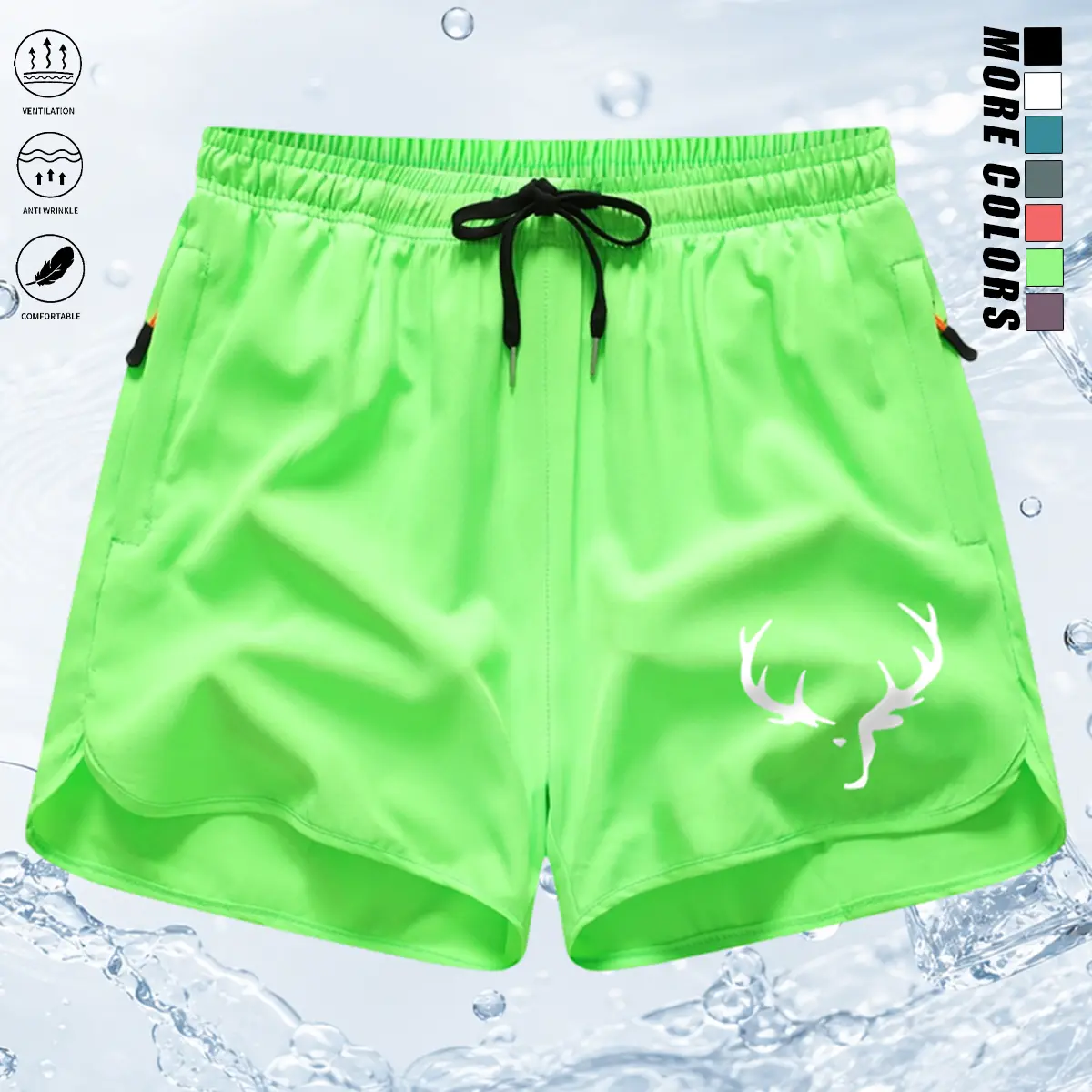 Women’s polyester quick-dry athletic shorts with elastic black drawstring waist, deer horn print, split curved hem, wrinkle-resistant loose fit, lightweight breathable fabric—ideal for running, the beach, and everyday streetwear.