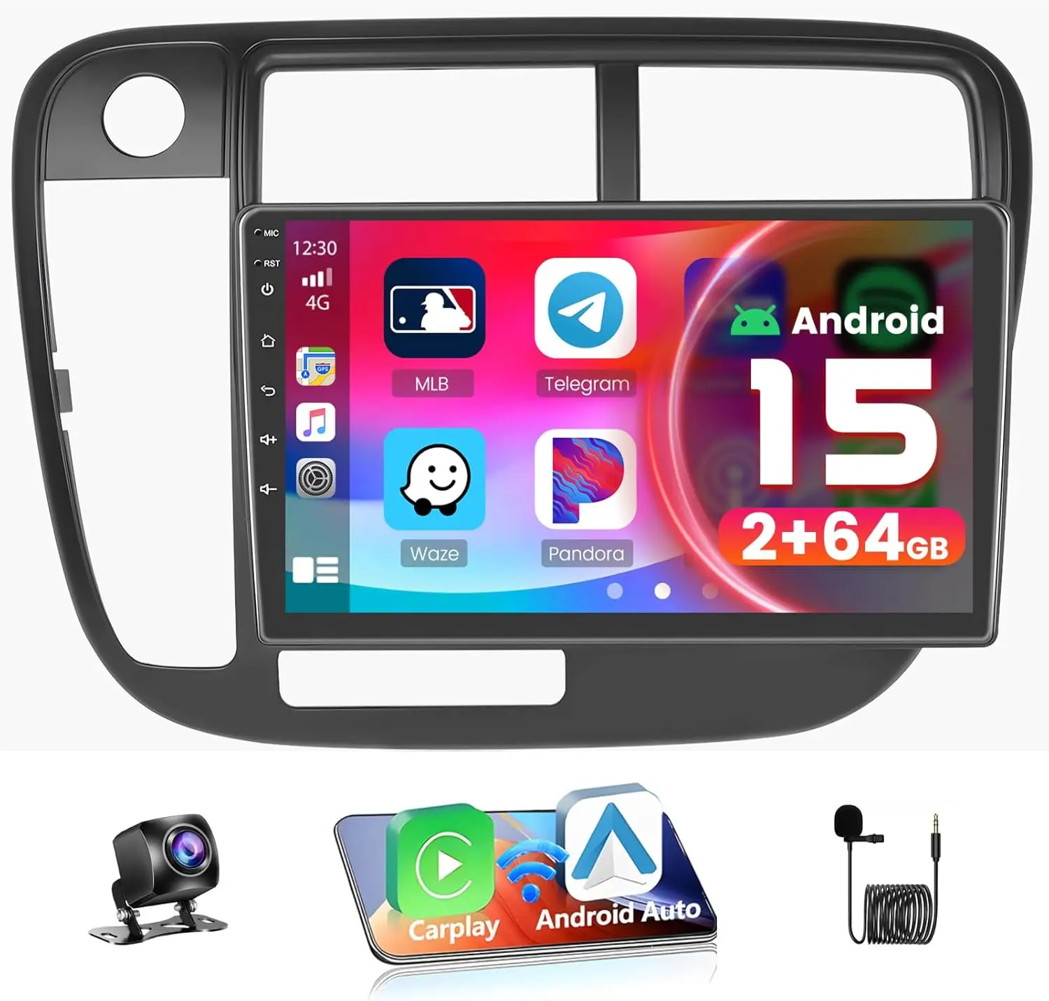 [4Core 64G] Android 15 Car Stereo for Honda Civic 1996 1997 1998 1999 2000 2001, 9" Touchscreen Civic Radio Wireless Carplay Android Auto Mirror Link GPS 5G WiFi/Bluetooth/FM/EQ SWC Backup Cam
