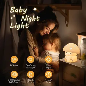 Baby Night Light for Kids Mushroom Light for Nursery with 7 RGB Colors Changeable Stepless Dimming Rechargeable Tap Light with 1h Timer Touch Control USB Charging Lamp BPA Free Safe Material
