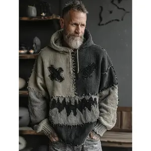 Men'S Gothic Hooded Sweater with Spooky Face & Bat Pocket - Cozy Knit Winter Warmth, Colorblock Stitching Design, Round Neck Pullover for Halloween & Casual Attire, Casual Party Sweater for Men (Adult Sizing), Men Plus Size Long Fur Coat Red