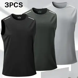 Men's three piece letter print tank top, casual sports style, with "NIGHT EXERCISE" letter print on the back for trendy details; white label on the shoulder adds a neat look; sleeveless design keeps it cool and comfortable; breathable and skin friendly fa