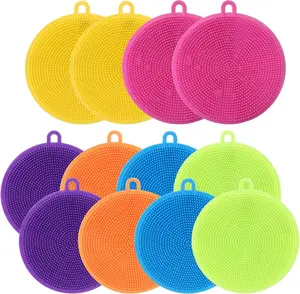 12 Pack Silicone Dish Scrubber Sponges, Reusable Food Grade BPA-Free Silicone Sponge Brush, Dishwasher Safe Kitchen Cleaning Pads for Dishes, Fruits & Vegetables