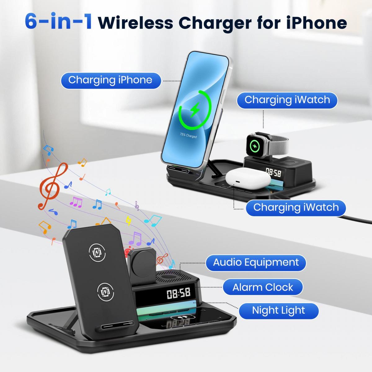 JPTREK 6-in-1 Wireless Charging Station with Speaker & RGB Light – Clean Desk Setup Must-Have