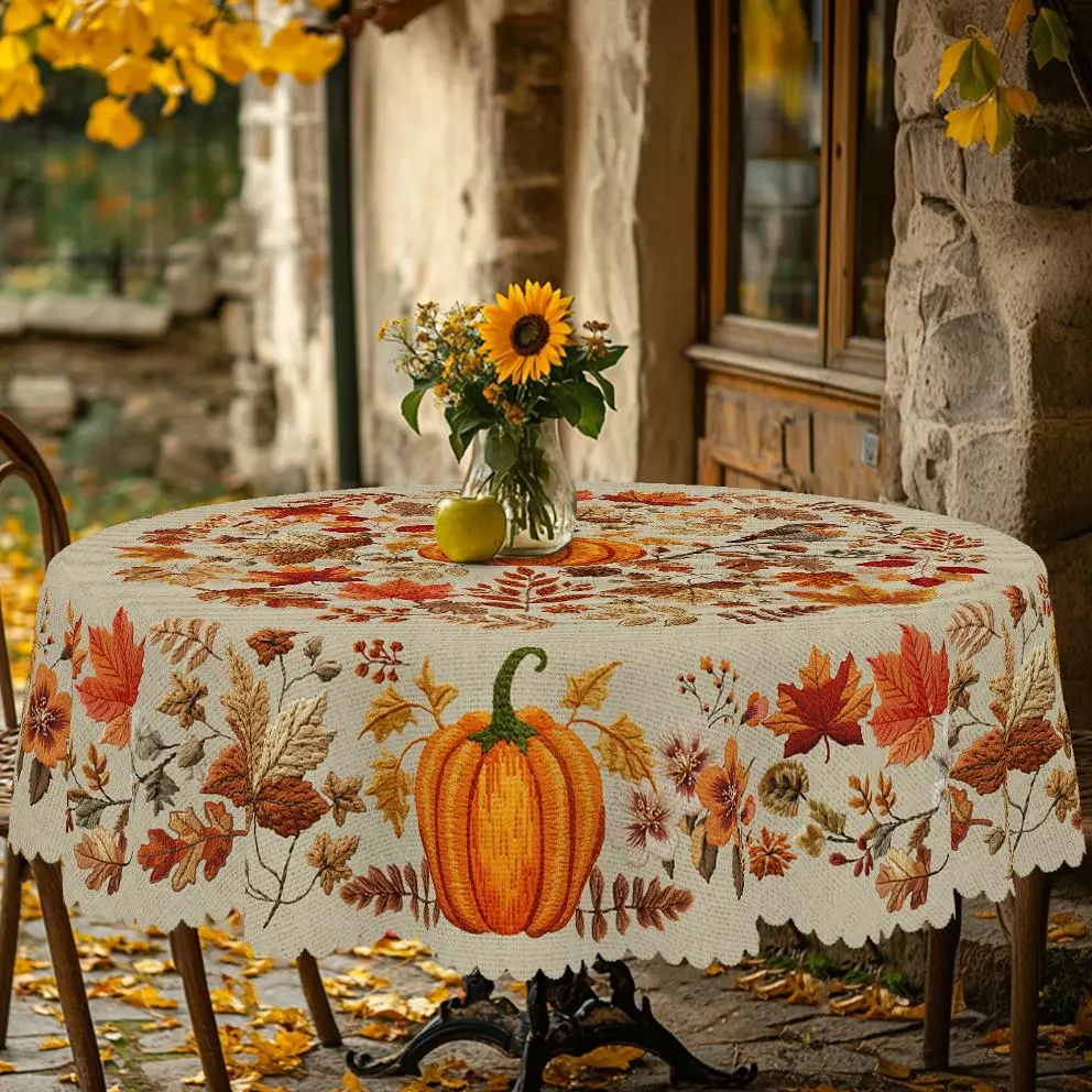 PLUMLIK Embossed Vintage Holiday Tablecloth, Country Rustic Autumn Farmhouse Pumpkin-Maple Leaf Pattern, Round-60 Inches/Rectangle Festive Home Supplies Cover for Thanksgiving Kitchen Indoor/Outdoor Decor, Housewarming Gift Accessory