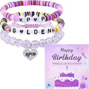 KPOP GOLDEN Friendship Bracelet Set - Purple Beaded Layered Stackable Bracelets with Heart Charm, K-Pop Fan Jewelry Gift