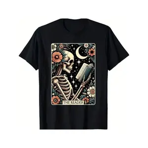 Funny Vintage Graphic [Fast Arrival] The Reader Tarot Card Skeleton Reading Book Bookworm Bookish T-Shirt For Men Women, Christmas Halloween Thanksgiving Day Gift