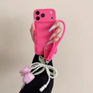 Tulip Flower Phone Case For iPhone 17 Air 16E 16 15 14 13 12 11 Pro Max 15 Plus Solid Color Down Jacket Cover With Pearl Hand Strap