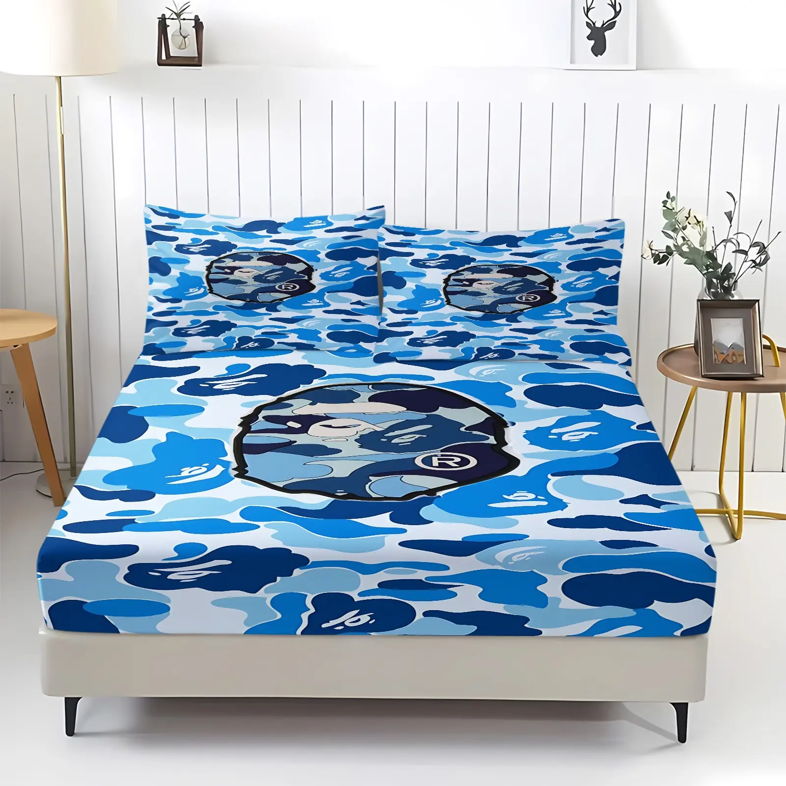 3 Pcs Blue Camouflage Ape Head Pattern Fitted Sheet Set, Soft Bedding Set, Bed Sheet Sets, Decorative Bedsheet Sets, Cozy Breathable, All-Season, Room Decor for Bedroom, Dorm, Guest Room, Machine Washable. Includes 2 Pillowcases, No Pillow Core