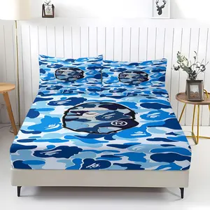 3 Pcs Blue Camouflage Ape Head Pattern Fitted Sheet Set, Soft Bedding Set, Cozy Breathable, All-Season, Room Decor for Bedroom, Dorm, Guest Room, Machine Washable. Includes 2 Pillowcases, No Pillow Core