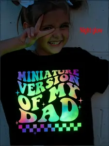 Girls' Creative Cartoon & Text Glow-In-The-Dark T-Shirt, Fitted Short Sleeve Design, All-Season Casual Wear, Random Print Style