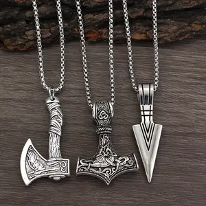 3pcs Men's Vintage Necklace - Hammer Compass Celtic Knot Wolf Axe Pendant Arrow Charm Amulet Necklace Holiday Jewelry Gift