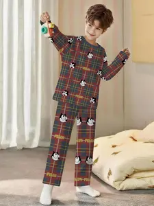 Plaid Cute Cat Fun 2-Piece Boys' Digital Printed Long-Sleeve Pajamas with Extended Sleep Pants, Flame-Retardant Fabric, Stylish, Trendy, Casual, Comfortable and Soft Pajama Set, Suitable for Sleeping and Home Leisure, 100% Polyester for Boys' Home Wear, P