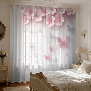 Spring Floral Butterfly Curtains, 2D Flat Diamond Print Filtering Drapes, 104 Inch Long, Semi-Transparent for Living Room, Bedroom, Dining Room, Home Textile, Window Curtain