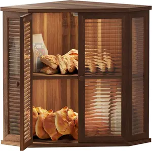 Corner bread box Bread Box for Kitchen Countertop - Corner Bread Storage Box 16.5" H, Premium Wood with Glass Door, Perfect for Homemade Bread, Baguettes & Pastries (Acacia brown)