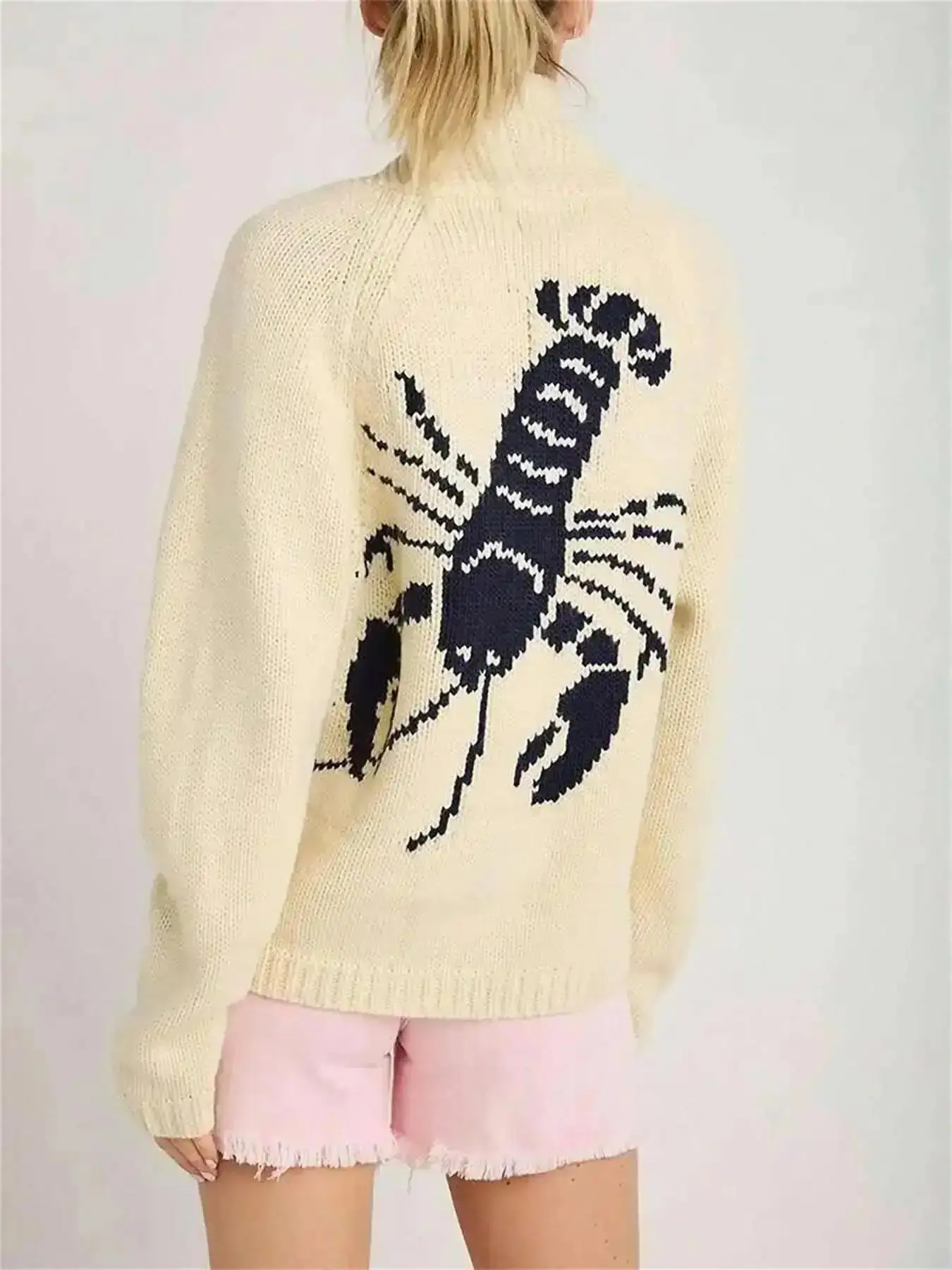 Luxury Women's Lobster Pattern Button Front Longsleeves Sweater Cardigan, Lady Casual Long Sleeve Jumper for Fall & Winter, Knitwear Daily Wear, Chic Knitted Tops, Knit Clothing, Womenswear, Home Comfort, Weekend Wear
