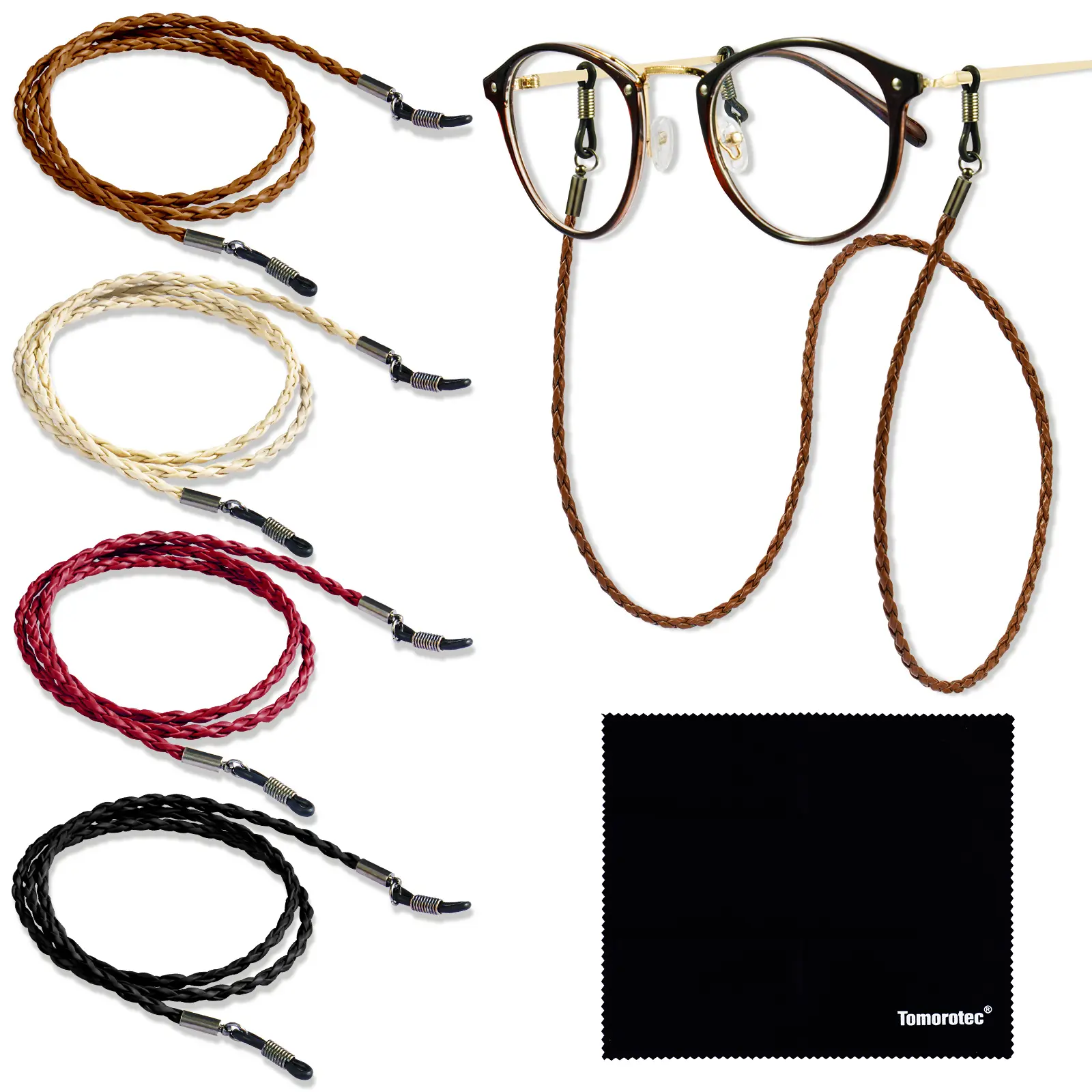 Tomorotec 4-Pack Premium PU Leather Eyeglasses Holder Strap Cord - Aphlos Retainer with Loop, Universal Compatibility, Keeps Glasses Secure for Christmas, Daily Use, Eyewear Retainer String, Glasses Lanyard, Beach, Fashion, Everyday