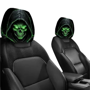 2pcs 11x10.2 inch Green Skull Head Design Car Headrest Covers, Universal, all-Season Comfort, seat cover accessories, car interior decoration, suitable for daily travel, idea gift for car lovers,3.18CYJ-2