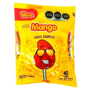 VERO MANGO PALETAS - Mango Flavored Chili Hard Candy Lollipop / Bag With 40 Pieces /