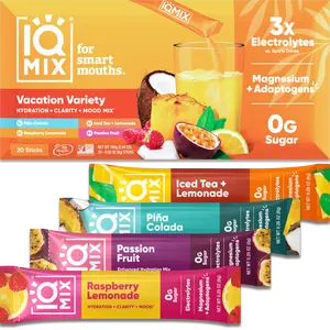 IQMIX Hydration Electrolyte Powder – Vacation Variety Pack – 20 Sticks – 4-in-1 Formula for Hydration, Mental Clarity, Mood and Recovery – Sugar-Free Drink Mix, Magnesium L-Threonate, Lion’s Mane