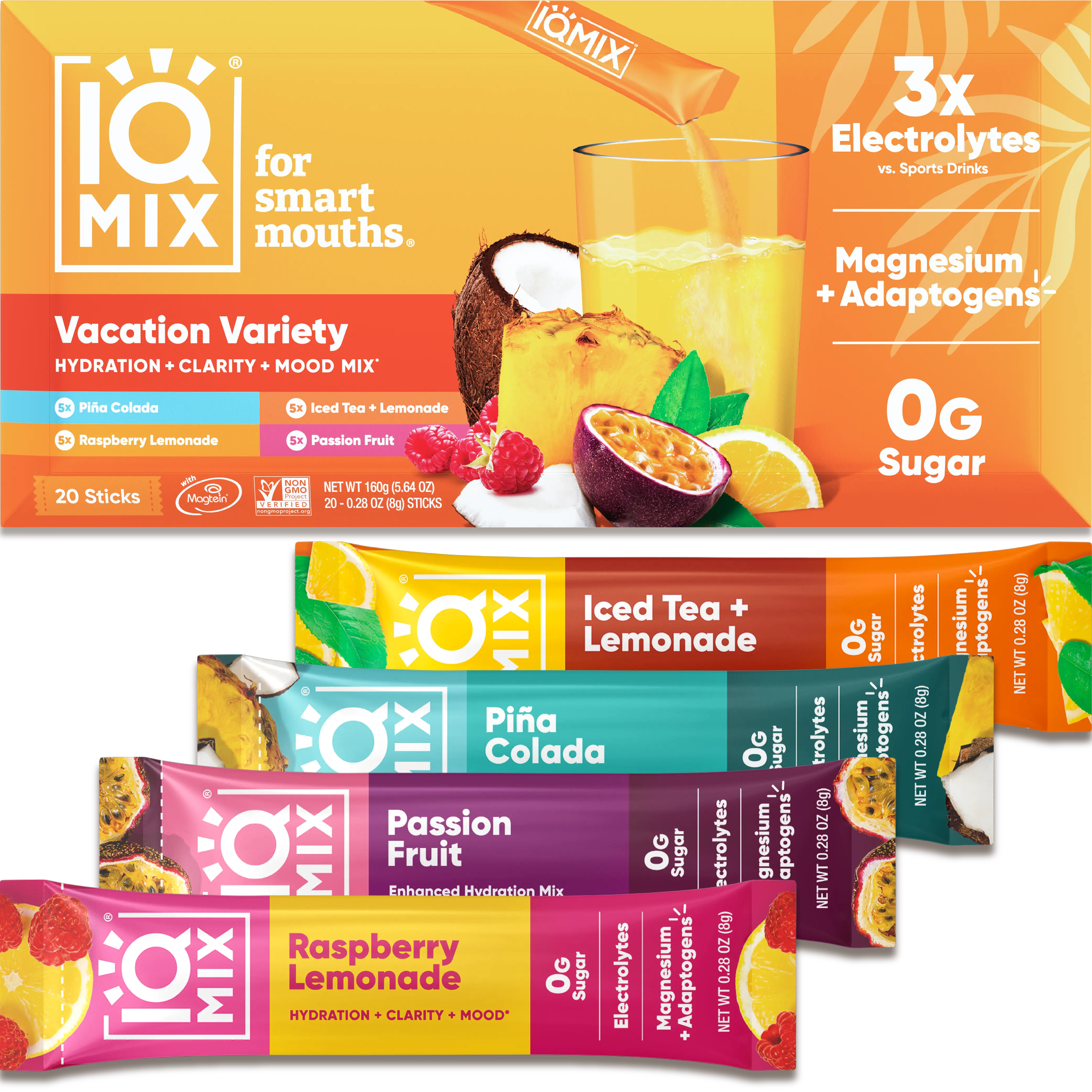IQMIX Hydration Electrolyte Powder – Vacation Variety Pack – 20 Sticks – 4-in-1 Formula for Hydration, Mental Clarity, Mood and Recovery – Sugar-Free Drink Mix, Magnesium L-Threonate, Lion’s Mane