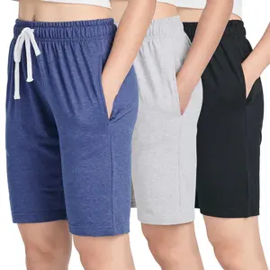Real Essentials 3 Pack: Womens Cotton Terry Jersey 9" Bermuda Shorts Pockets-Casual Lounge Yoga (Available in Plus Size)