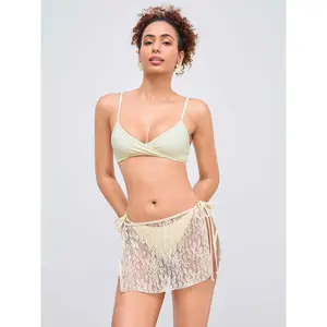 Cider V-neck Solid Bracelet Tie Side Bikini Set With Lace Cover Up Skirt