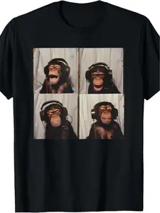 Men'S Round Neck Short-Sleeved T-Shirt, Monkey Animal Camera Photography Pattern with Headphones Casual And Versatile for All 4 Seasons