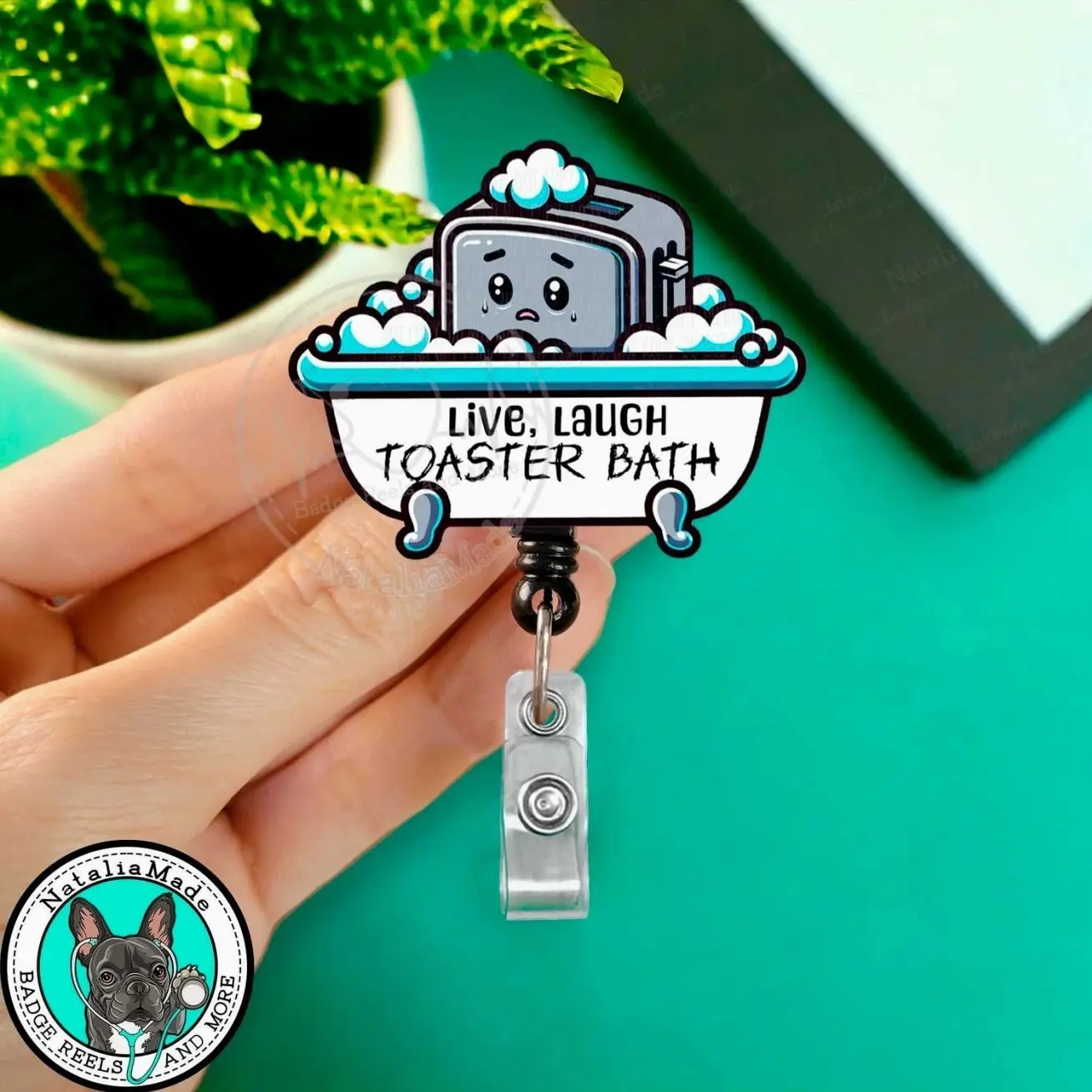 Live Laugh Toaster Bath Retractable Badge Reel, Funny ID Holder Clip, Heavy Duty Reel, Lanyard, Carabiner, MRI Safe Name Tag, Gift for Nurse