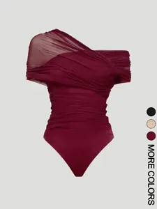1 Piece Asymmetrical Off Shoulder Mesh Bodysuit for Women, Ruched Sheer Mesh Overlay Slim Fit Bodysuit,  Figure Flattering Top for Going Out Club Party Date Night, Trendy Y2K Coquette Sexy Elegant Aesthetic