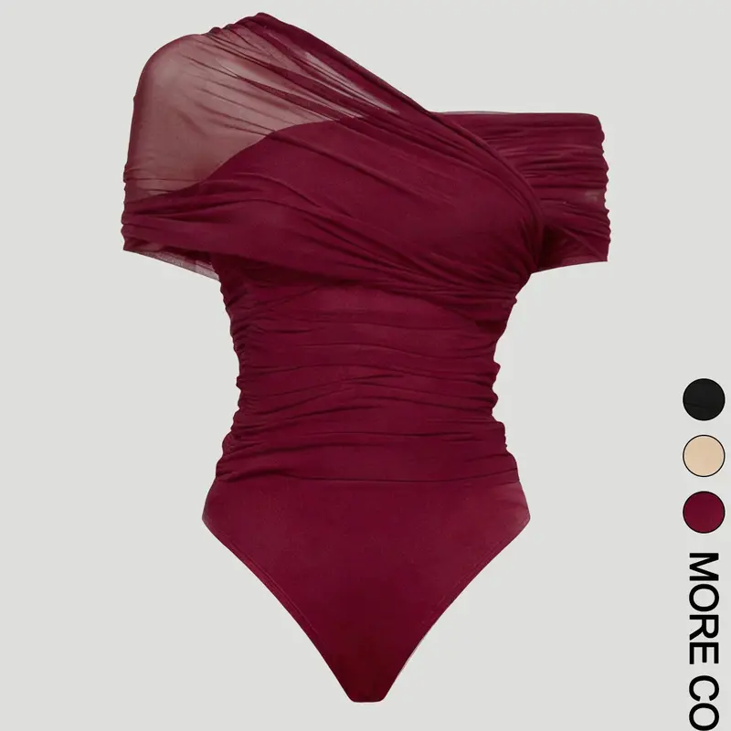 1 Piece Asymmetrical Off Shoulder Mesh Bodysuit for Women, Ruched Sheer Mesh Overlay Slim Fitting Bodysuit,  Figure Flattering Top for Going Out Club Party Date Night, Trendy Y2K Coquette Sexy Elegant Aesthetic, Shapewear Bodysuit