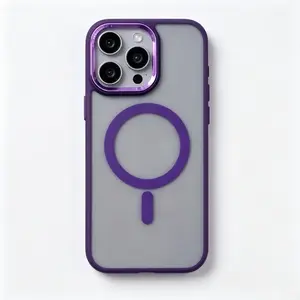 Magnetic Phone Case for iPhone 14 Pro – Frosted Acrylic Back, Shockproof TPU Bumper, Secure Magnetic Fit, Plated Buttons, Plated Camera Protector, Wireless Charging Compatible, Purple Contrast Slim Fit, Anti-Scratch Anti-Yellowing