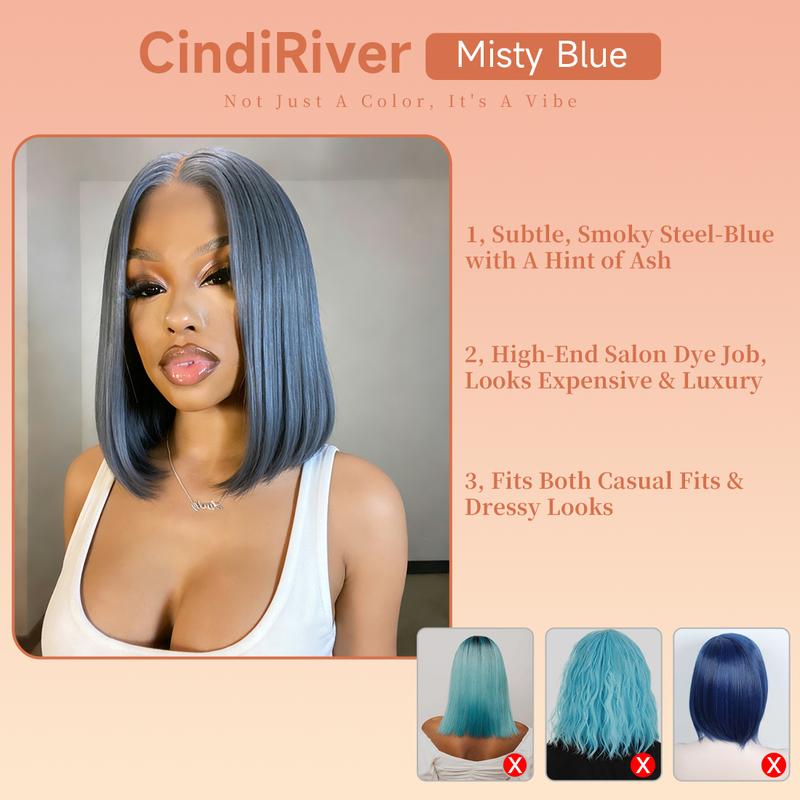 【Unique Color】CindiRiver 250% Density Misty Blue Color Bob Wig 5x5 HD Glueless Wig Human Hair Double Drawn 12 Inch Bob Wigs Side Part Blue Color Lace Front Wig Dark Blue Wig for Black Girls No Glue Needed & Easy to Install with Draw String