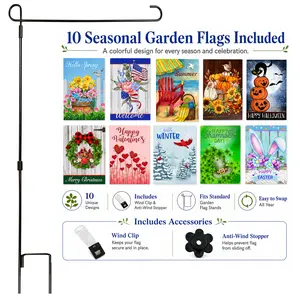 Seasonal Garden Flags Set of 10 Double Sided 12"x18" with Garden Flag Stand