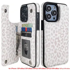 Floral Flower Pattern Wallet Case for iPhone 12 13 14Plus 14ProMax/15Plus/15ProMax/16Plus/16ProMax with Card Holder and Kickstand, White Leopard