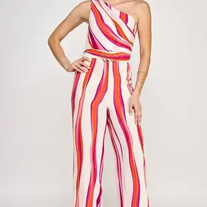 Woman’s Jumper - Striped One-Shoulder Design with Belted Waist for Stylish Comfort