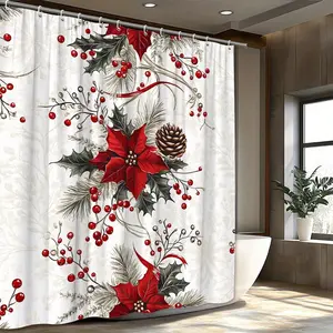 1pc Poinsettia Holly Shower Curtain for Bathroom Decor Polyester Fabric with Red Poinsettia Flowers Pinecone Green Holly Leaves Red Berries on Soft Patterned Background Holiday Botanical Theme with 12 Hooks 66x72 Inches