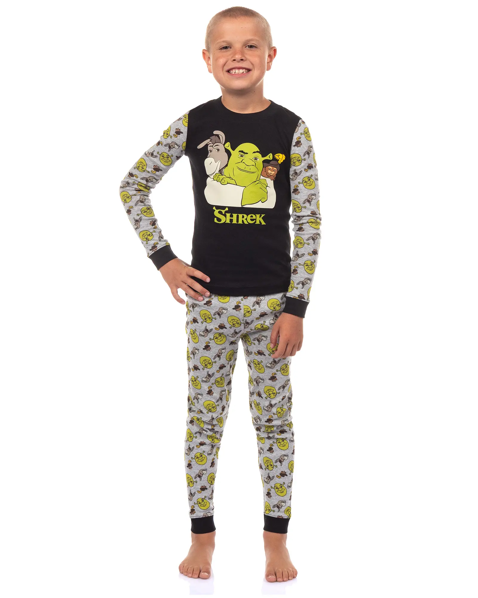 Shrek Pajamas Boys' Best Friends Donkey and Puss in Boots 2-Piece Tight Fit Lounge Sleep Set, Pajama Lounge Sets, Character Sticker Pajama Sets