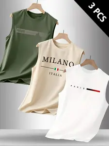 Men's 3-Pack Sleeveless Tank Tops Sleeveless Shirt | Crew Neck City Print Tank | Breathable Lightweight Fabric | "MILANO/PARIS/FUTURE" Graphic Tees | Casual Streetwear & Gym Workout Vests in Black/Beige/White/Blue/Green