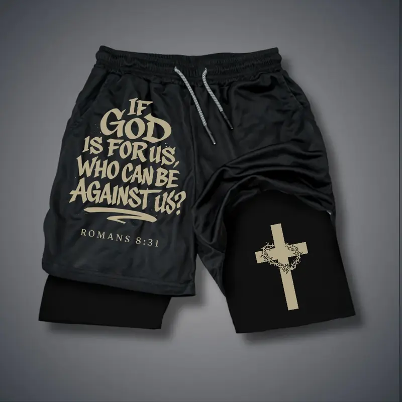 Christian Clothing Double-Layer Sports Shorts Graphic Shorts Black Shorts Camo Shorts Streetwear Shorts Men Outfits Men Short Shorts Vacation Outfits Shorts