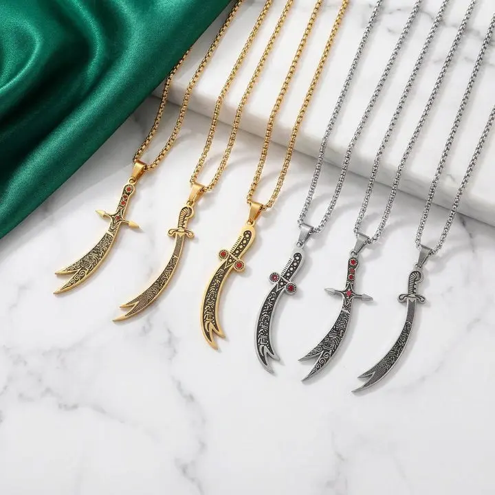 Men's Zulfiqar Sword Necklace, 316L Stainless Steel Pendant with Arabic Calligraphy | Waterproof Spiritual Amulet for Daily Wear, Stainless Steel Jewelry, Arabic Script, Masculine, Unisex